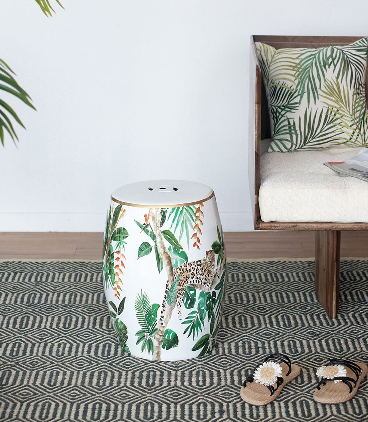 13x13x18" Ceramic Garden Stool Jungle-Themed Accent Side Table