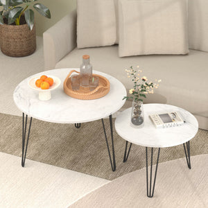 Rustic Round Nesting Coffee Table Set of 2 with Metal Frame - White, Black, Light Brown