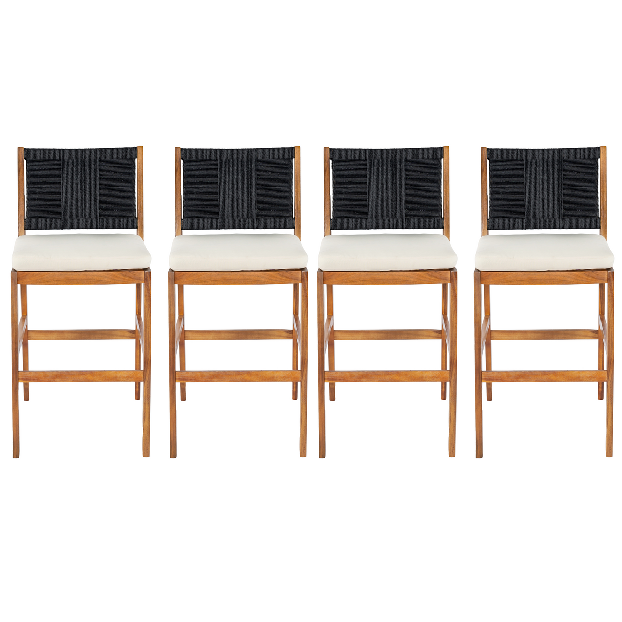 4 Pieces Arly Black Outdoor Bar Stool Solid Acacia Wood and Woven Wicker