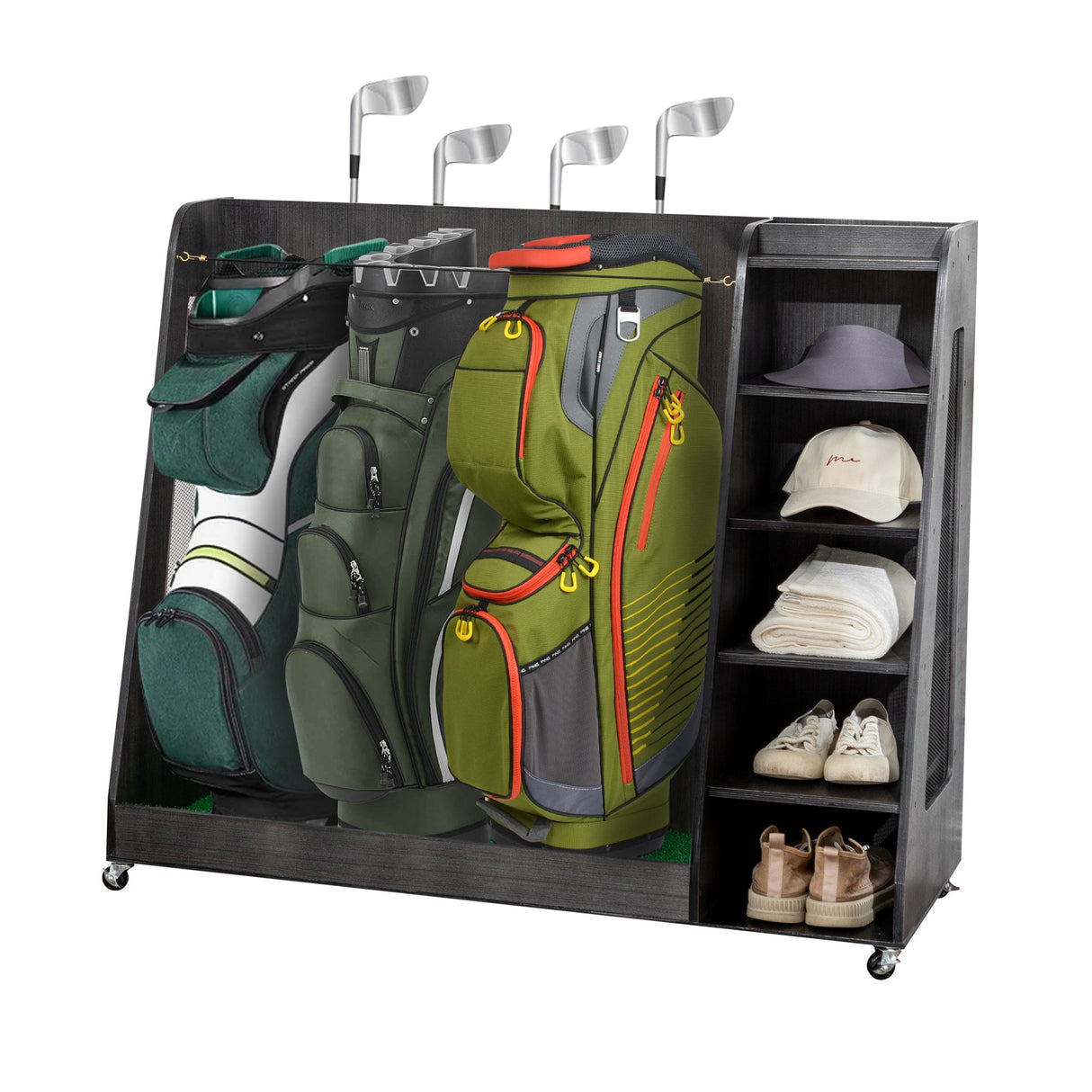 Gray Wooden Golf Bag Storage Rack with 3 Drawers