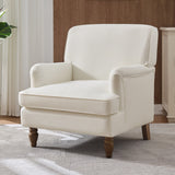 Vintage Upholstered Linen Fabric Armchair with Antique Solid Wood Legs