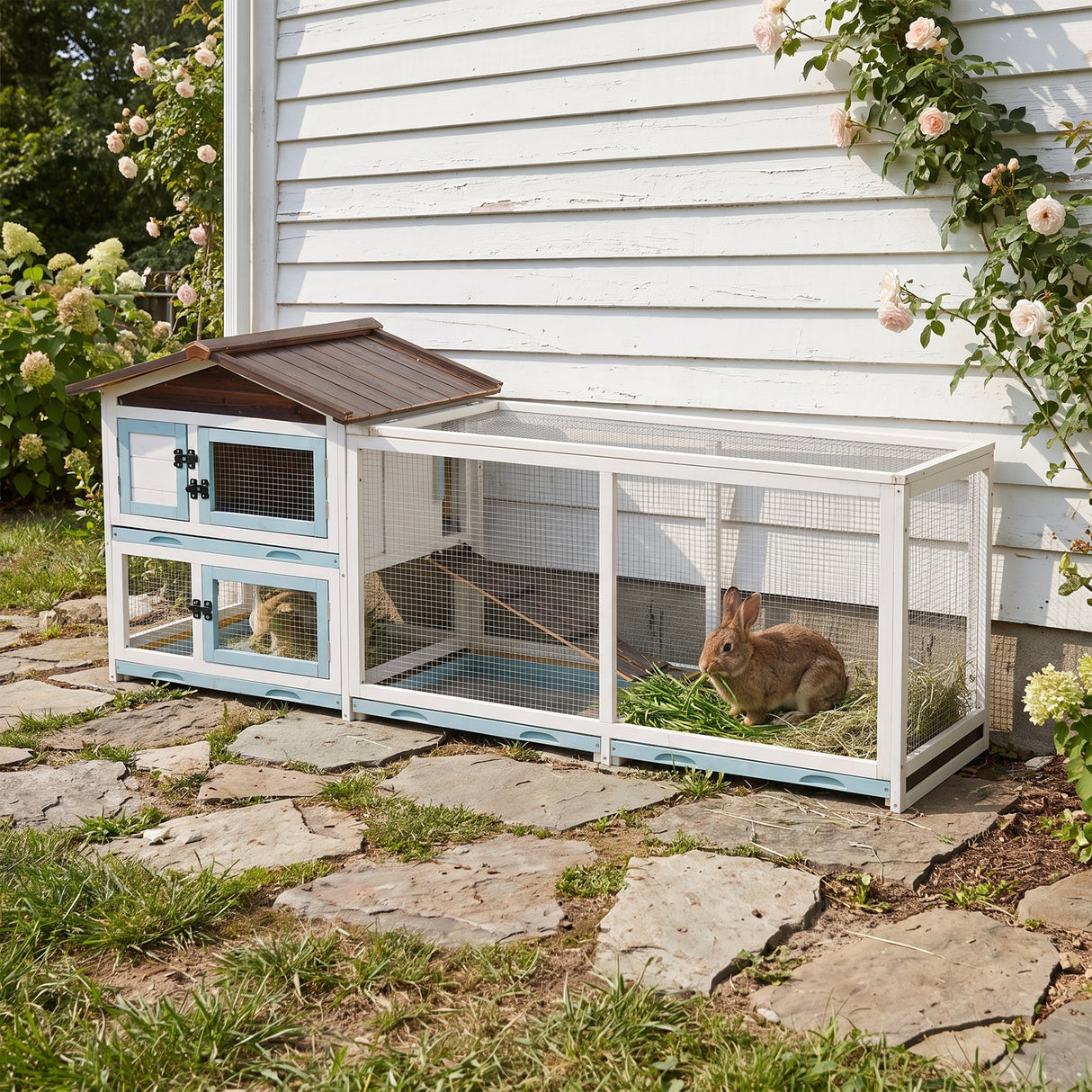 Outdoor Multi-Level Fir Wood Rabbit Hutch