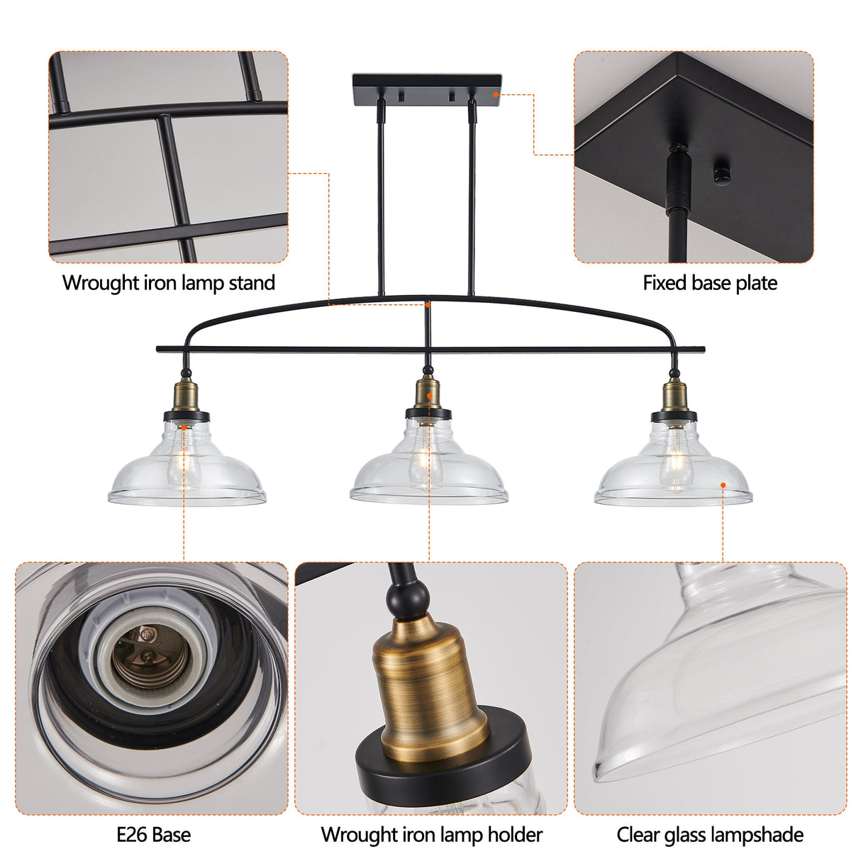 Industrial 3-Light Pendant Chandelier with Clear Glass Shades
