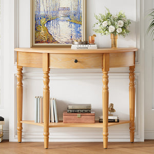 TREXM Farmhouse Half Moon Console Table with Drawer & Shelf