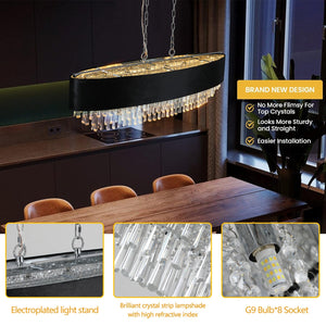 39' Modern Crystal Chandelier with Black Imitation Velvet Anti-Glare Shade, Adjustable Height, 8-Light G9 Base for Dining Room, Living Room, or Bedroom (Bulb Not Included)