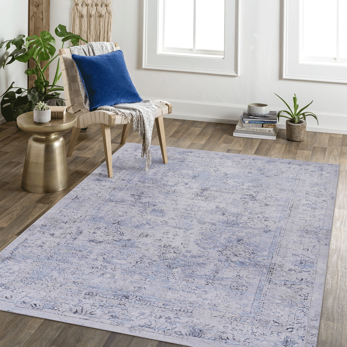 Area rug 4x6, washable rug, low-pile, non-slip, non-shedding, foldable, kid & pet friendly - area rugs for living room, bedroom, kitchen, dining room rug - perfect gifts, (blue+cream, 4' x 6')