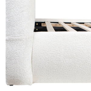 Archie Puffy Grounded Upholstered Platform Bed with Rounded Headboard - Green, White, Beige