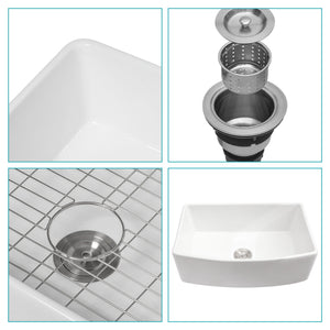 Ceramic Farmhouse Sink Apron Front Single Bowl with Arch Edge - White