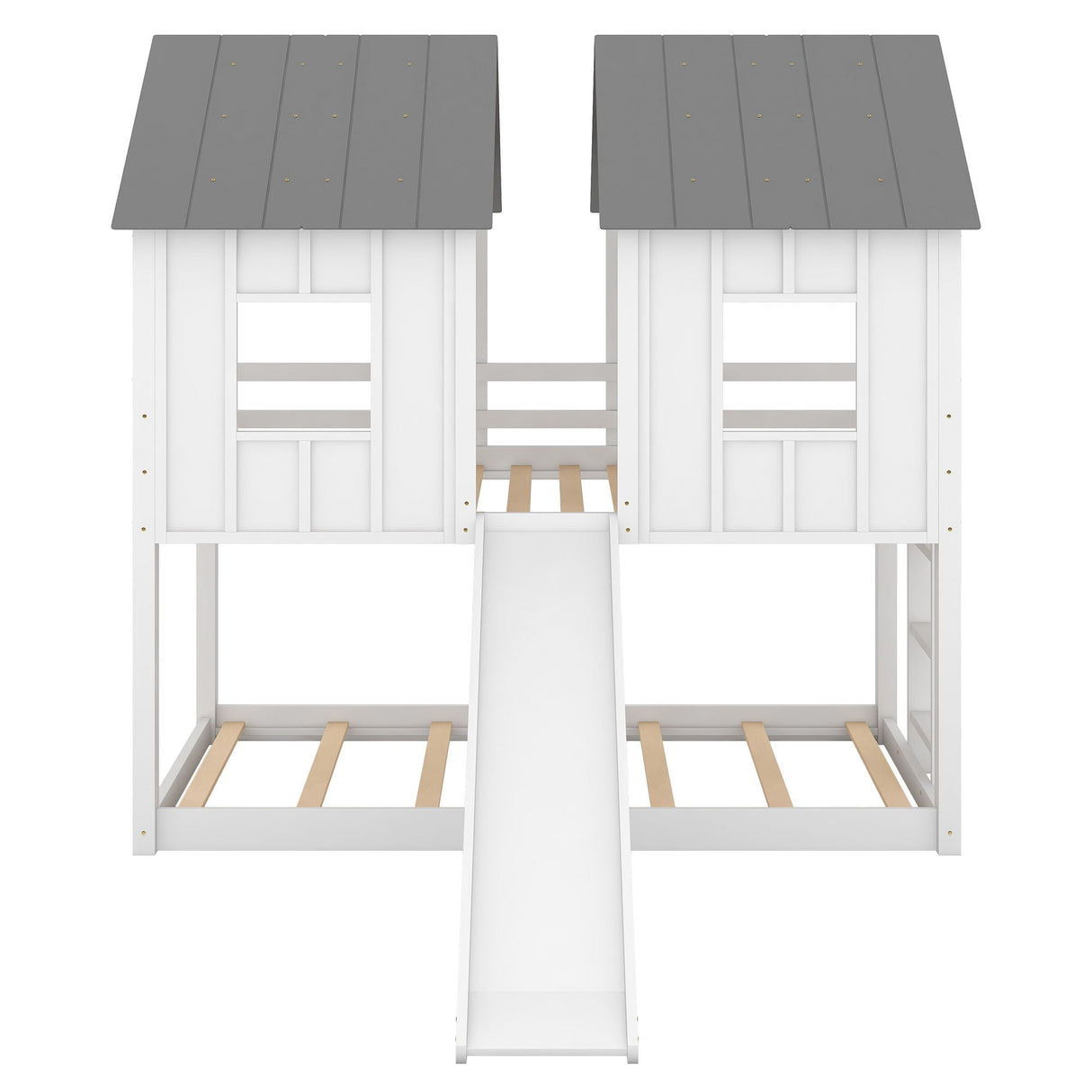 Twin Over Twin House Bunk Bed With Slide And Windows - White / Gray