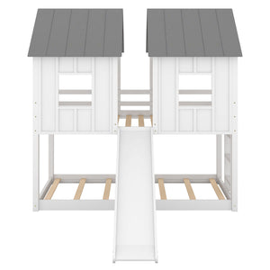 Twin Over Twin House Bunk Bed With Slide And Windows - White / Gray