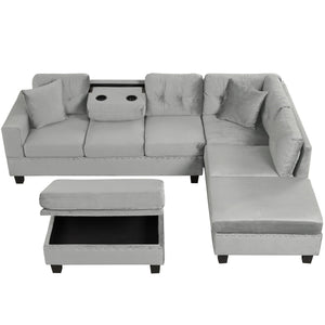 Modern Sectional Sofa With Storage Ottoman, L - Shape Couch With 2 Pillows And Cup Holders