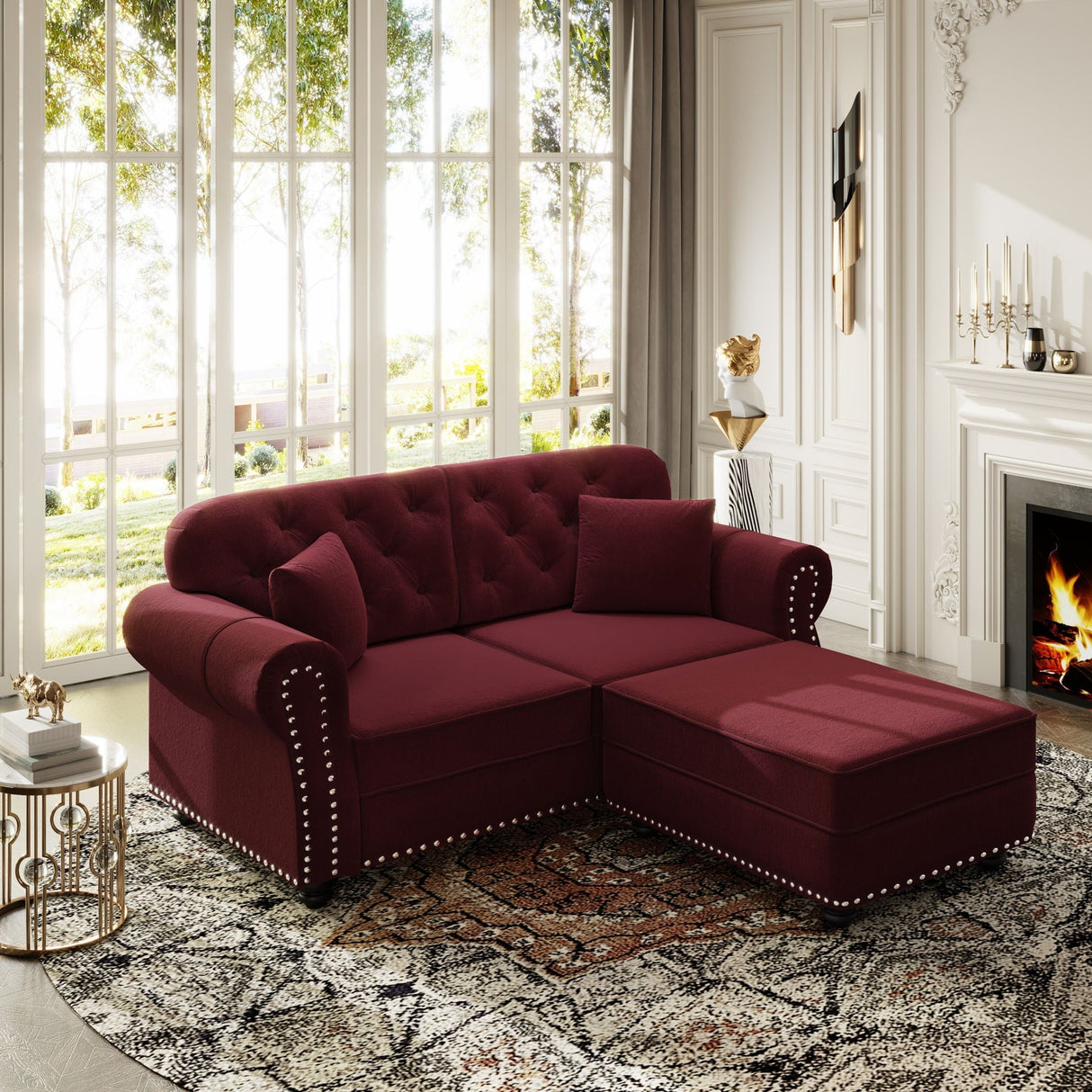 Upholstered Sofa Set With Nailhead Trim and Rolled Armrests, Includes Pillows