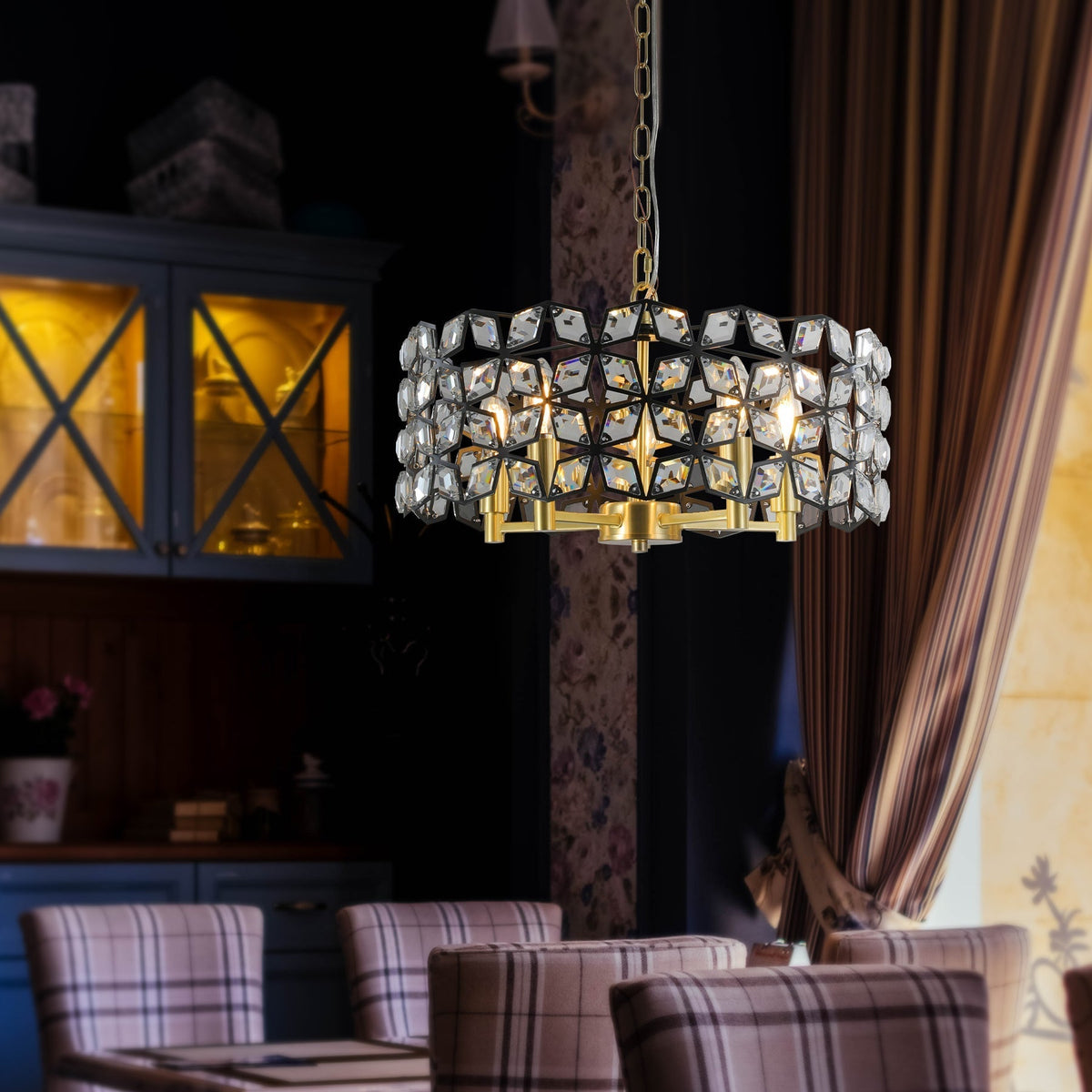 19' Geometric Crystal and BlackGold Round Pendant Chandelier