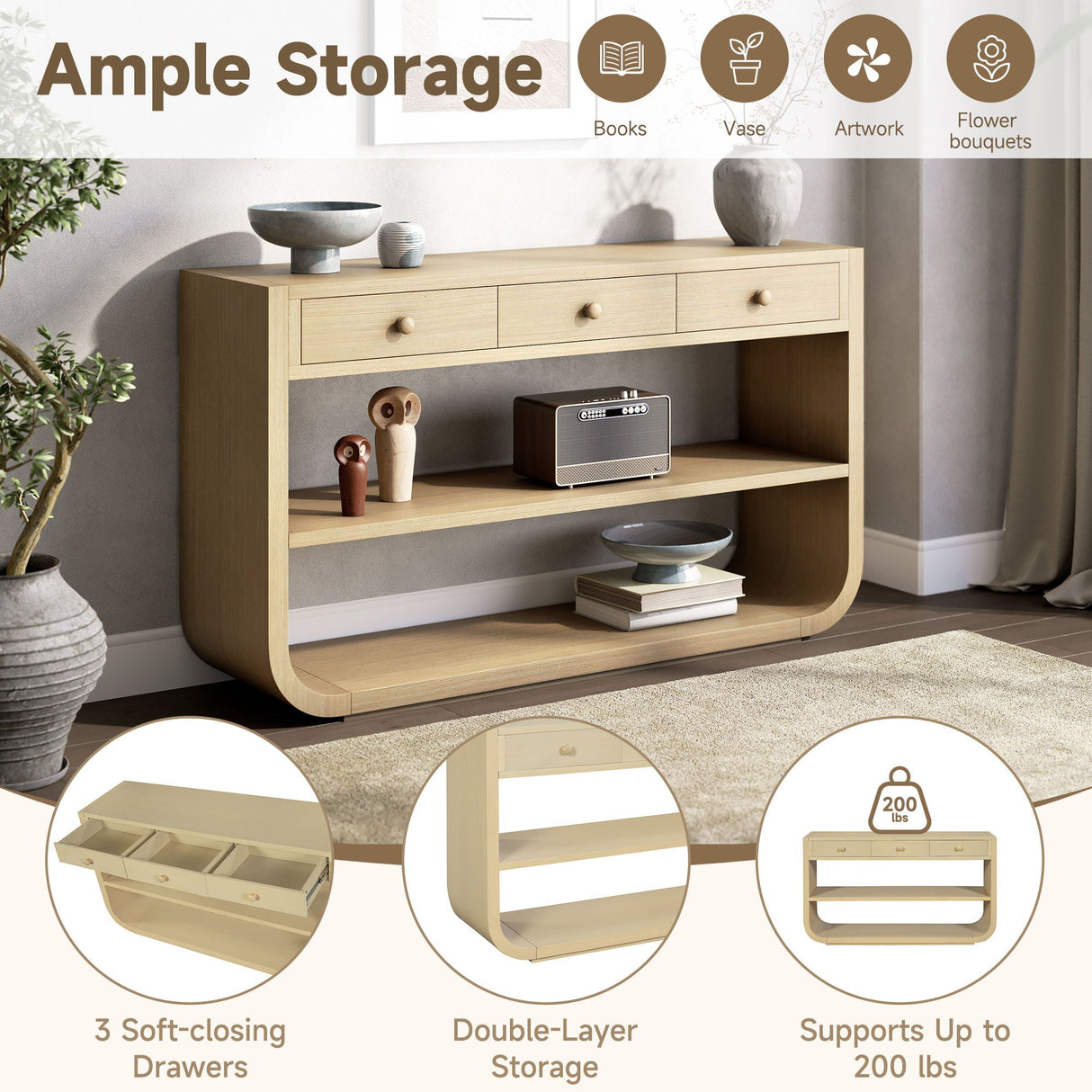 Console Table With 3 Soft Close Drawers & 2 Open Shelves - Natural