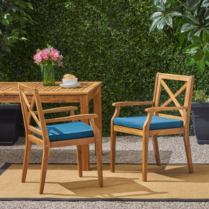 Acacia Wood Outdoor Dining Chairs with Blue Cushions - Set of 2