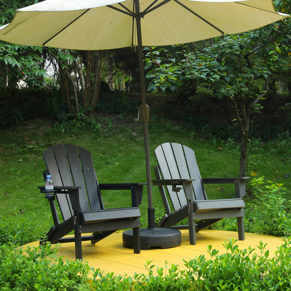 HDPE Folding Adirondack Chair with Dual Cup Holder - Black Wood Texture