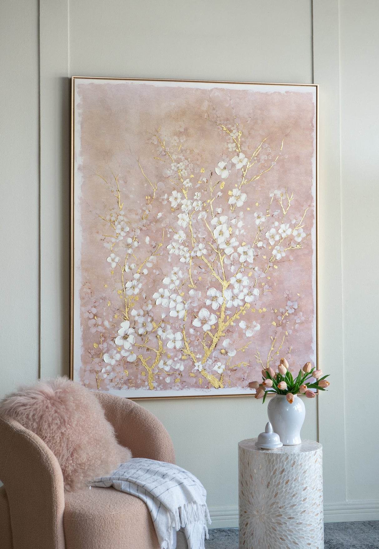 59.1x47.2' Hand-Painted Cherry Blossom Canvas Art with Blush Pink and White Finish