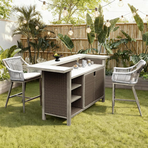 Outdoor Home Bar Unit Set of 3, All-Weather Wicker & Aluminum Frame