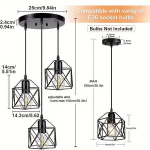Industrial Farmhouse Pendant Light – Adjustable Metal Cage Fixture for Kitchen