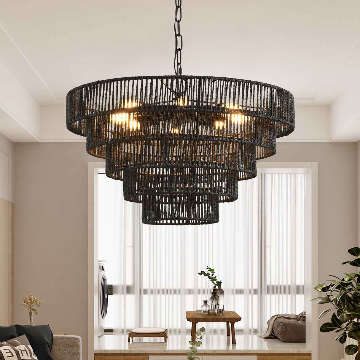 24' Rustic 5-Tier Black Hemp Rope Pendant Light Chandelier