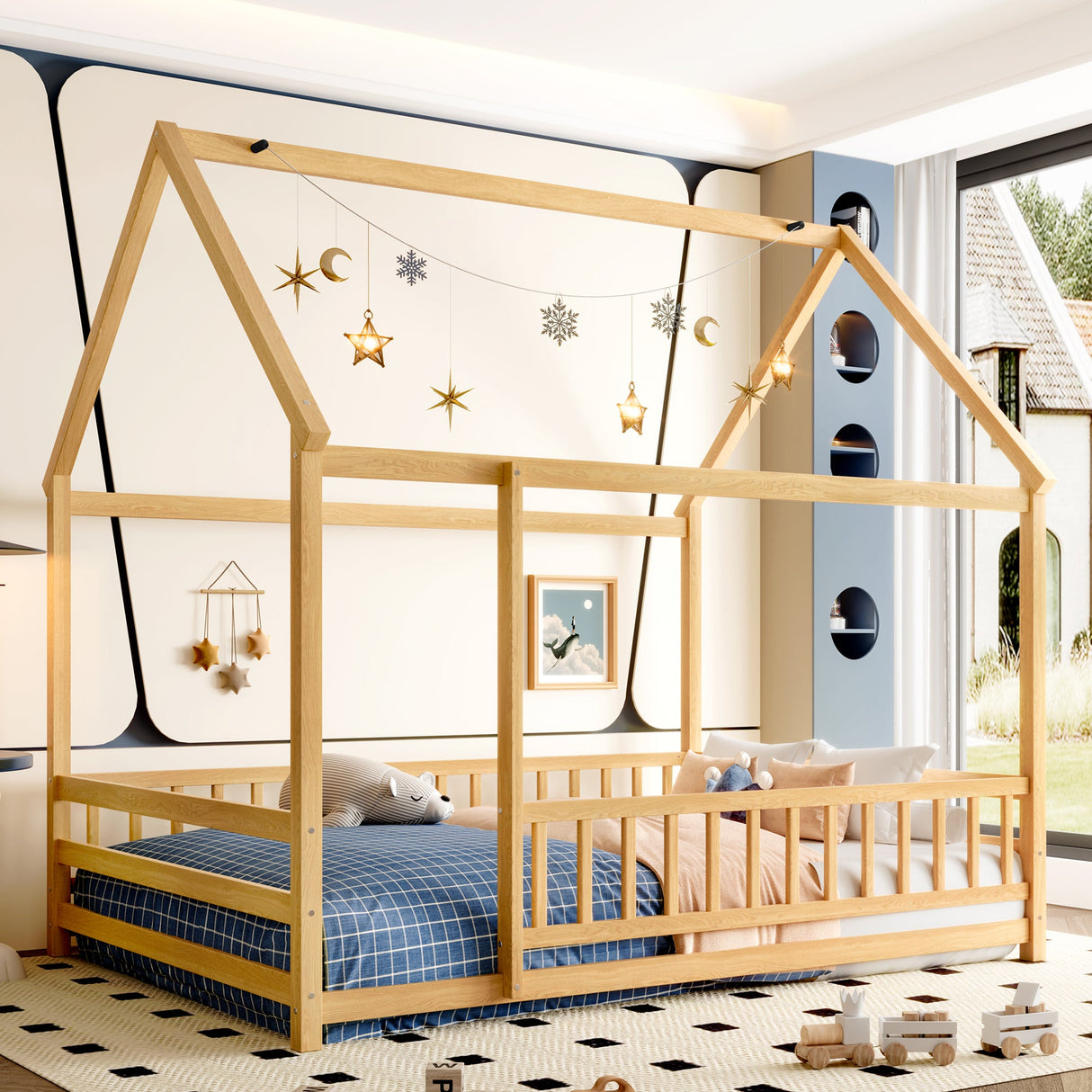 Full Size Floor Wooden Bed with House Roof Frame