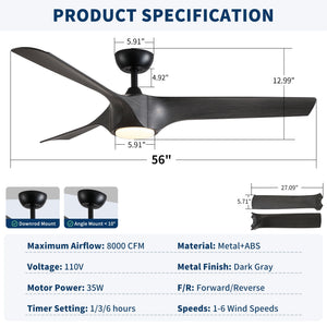 Reversible Quiet Motor Ceiling Fan Light With ABS Blades - Black / Gray
