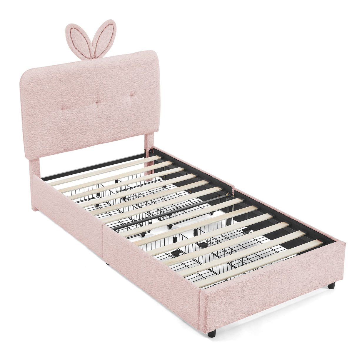 Twin Size Kids Upholstered Bed with Oversized Rabbit Ear Headboard, LED Light & 4 Storage Drawers, Boucle Fabric (79.5''X40.75''X41'')
