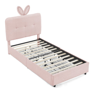 Twin Size Kids Upholstered Bed with Oversized Rabbit Ear Headboard, LED Light & 4 Storage Drawers, Boucle Fabric (79.5''X40.75''X41'')