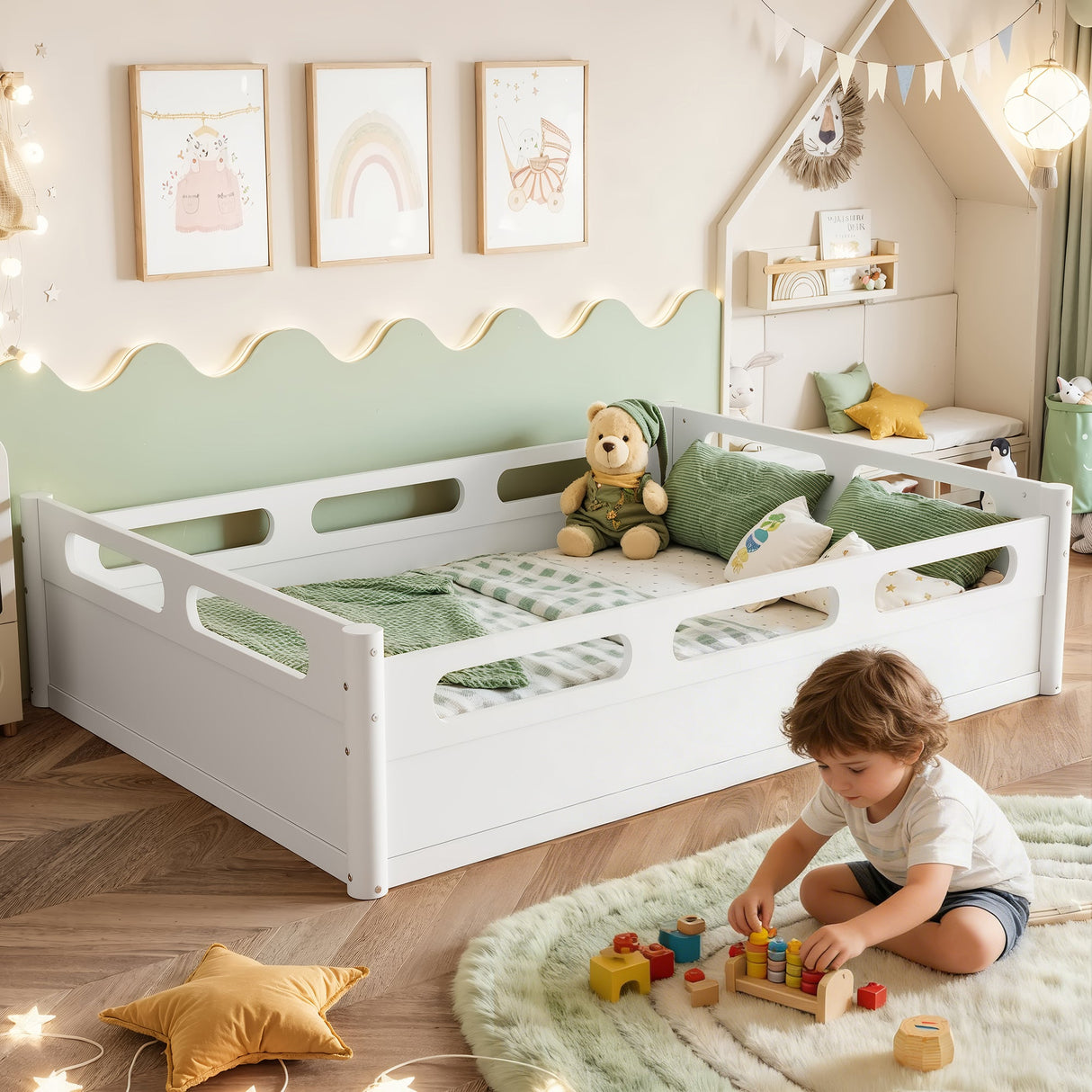 Full Size Floor Platform Bed with Full-length Guardrails