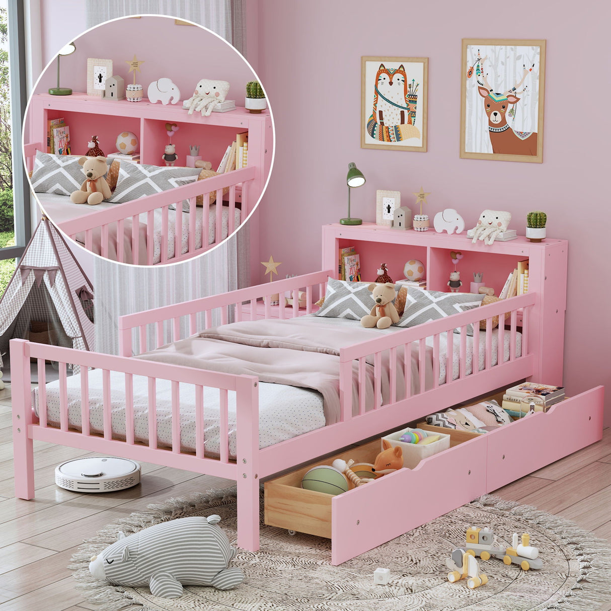 Bed With Headboard Storage Rack, 2 Under Bed Drawers, 3 Side Guardrails For Safety