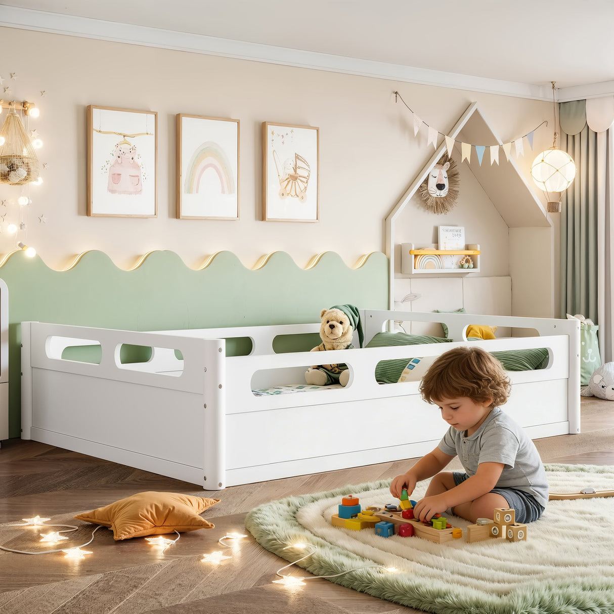 Full Size Floor Platform Bed with Full-length Guardrails