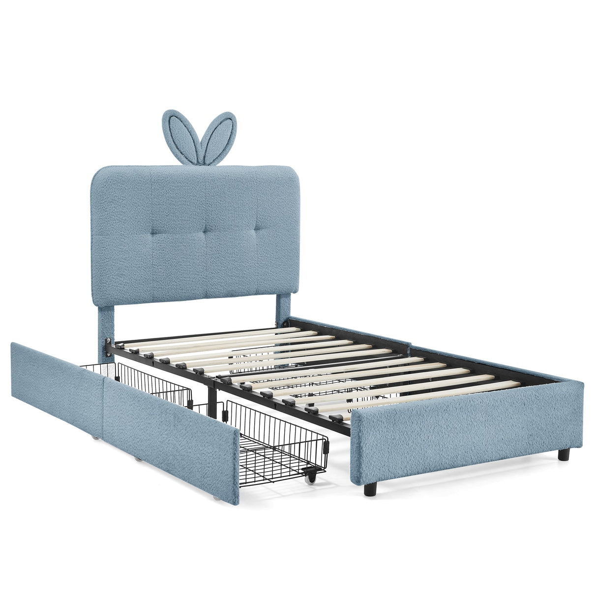 Twin Size Kids Upholstered Bed with Oversized Rabbit Ear Headboard, LED Light & 4 Storage Drawers, Boucle Fabric (79.5''X40.75''X41'')