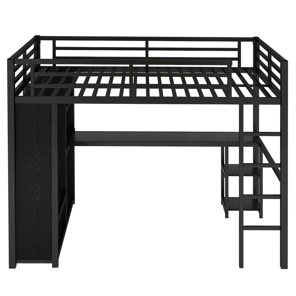 Full Size Loft Bed Frame with Built-in Wardrobe, Metal Loft Bed with Desk and Storage Shelves