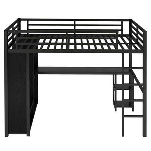 Full Size Loft Bed Frame with Built-in Wardrobe, Metal Loft Bed with Desk and Storage Shelves