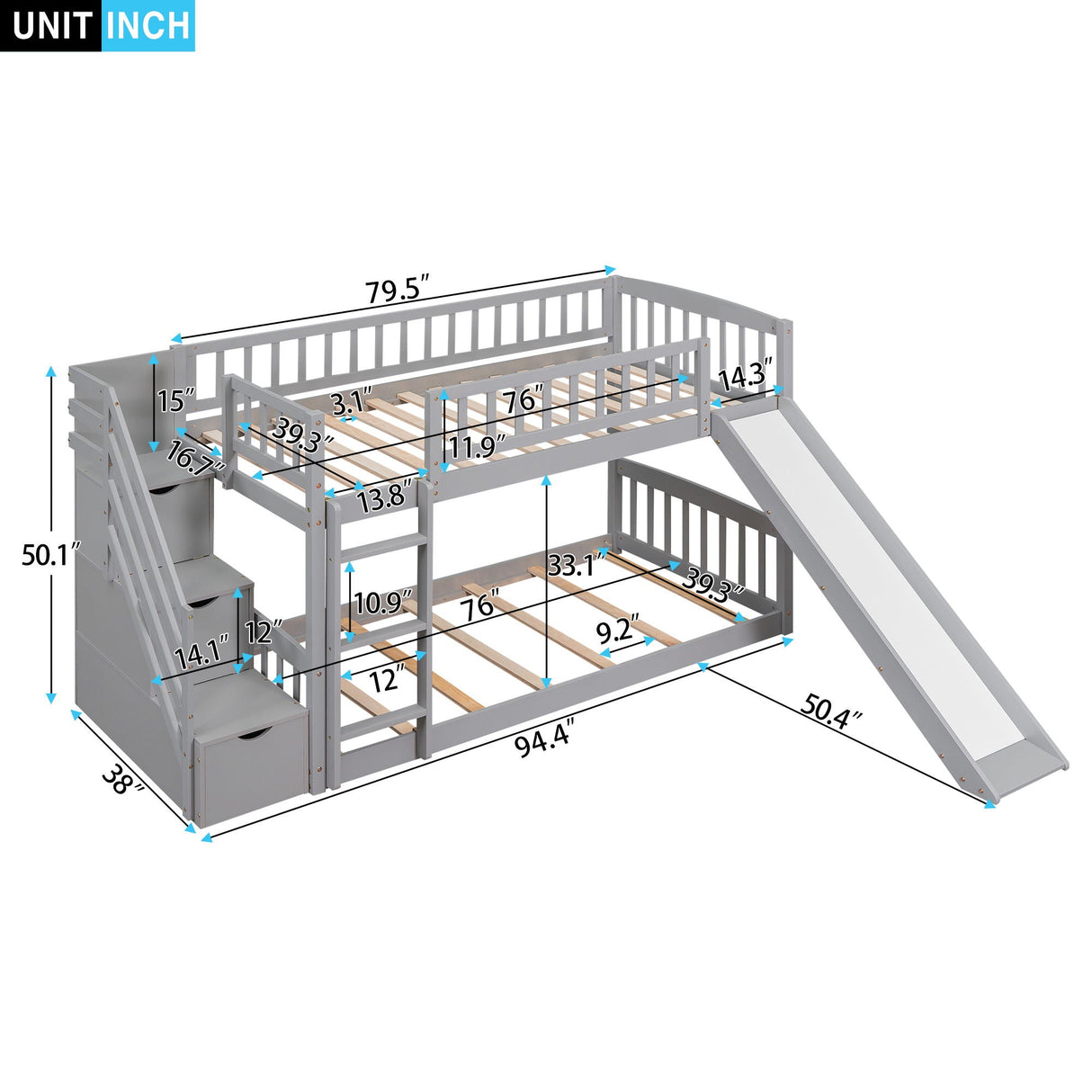 Twin Over Twin Bunk Stairway Bed With 2 Drawers And Slide - Gray