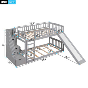 Twin Over Twin Bunk Stairway Bed With 2 Drawers And Slide - Gray