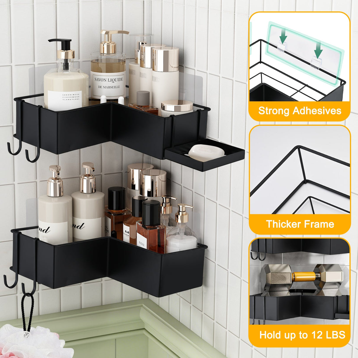 2-Pack Drill-Free Adhesive Corner Shower Caddy Organizer