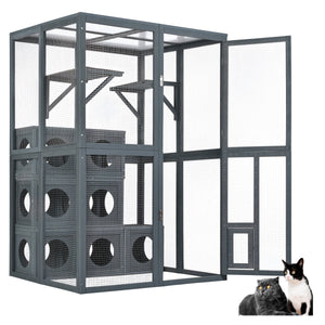Grey Pine Wood Outdoor Cat House with Shelves and Weather Protection