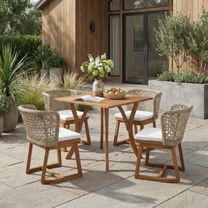 5-Piece Outdoor Dining Set with Acacia Wood Table & Wicker Back Chairs