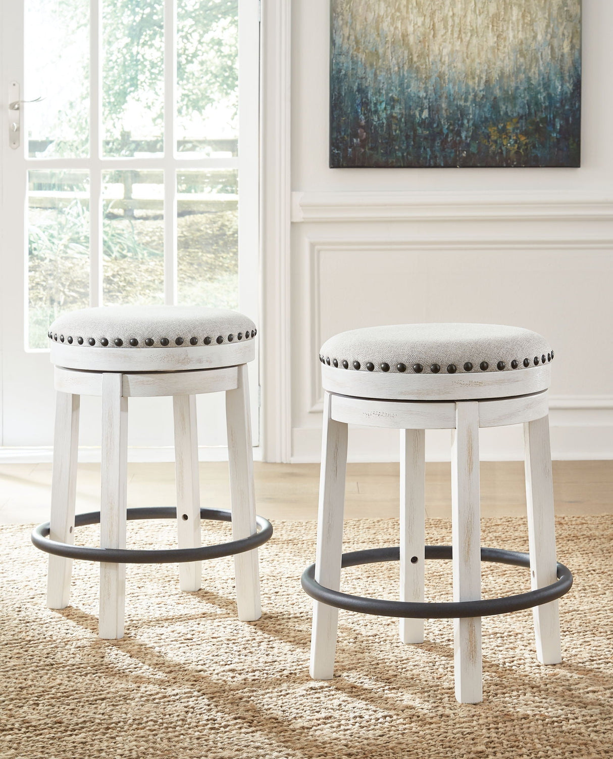 Valebeck - 5 Pc. - Counter Table With Wine Rack, 4 Swivel Stools - White / Brown