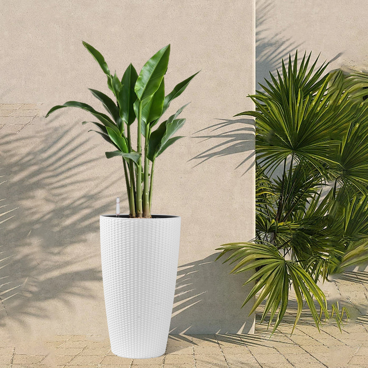 Faux Rattan Tall Planters Set with Water Level Monitor and Automatic Watering