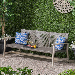 Outdoor Acacia Wood Wicker 3-Seater Sofa, Patio Furniture Conversation Set for Backyard