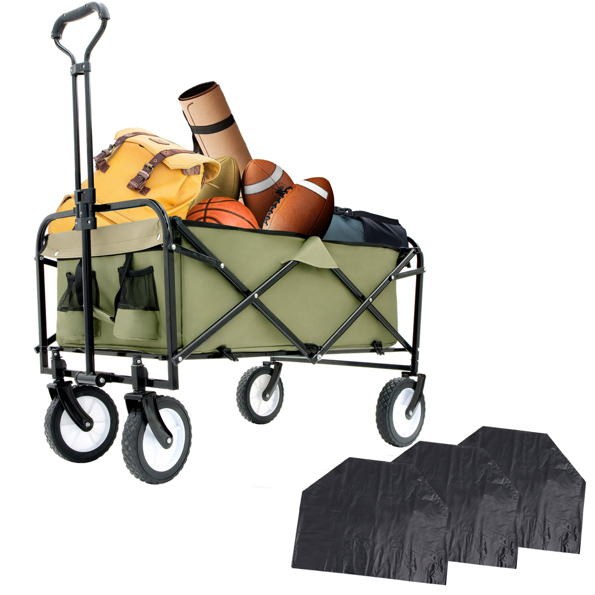 360lbs collapsible foldable wagon cart with strapping system ,beach wagon utility cart utility wagon grocery cart for camping shopping sports gardening fishing supports 3pcs plastic liner bag green