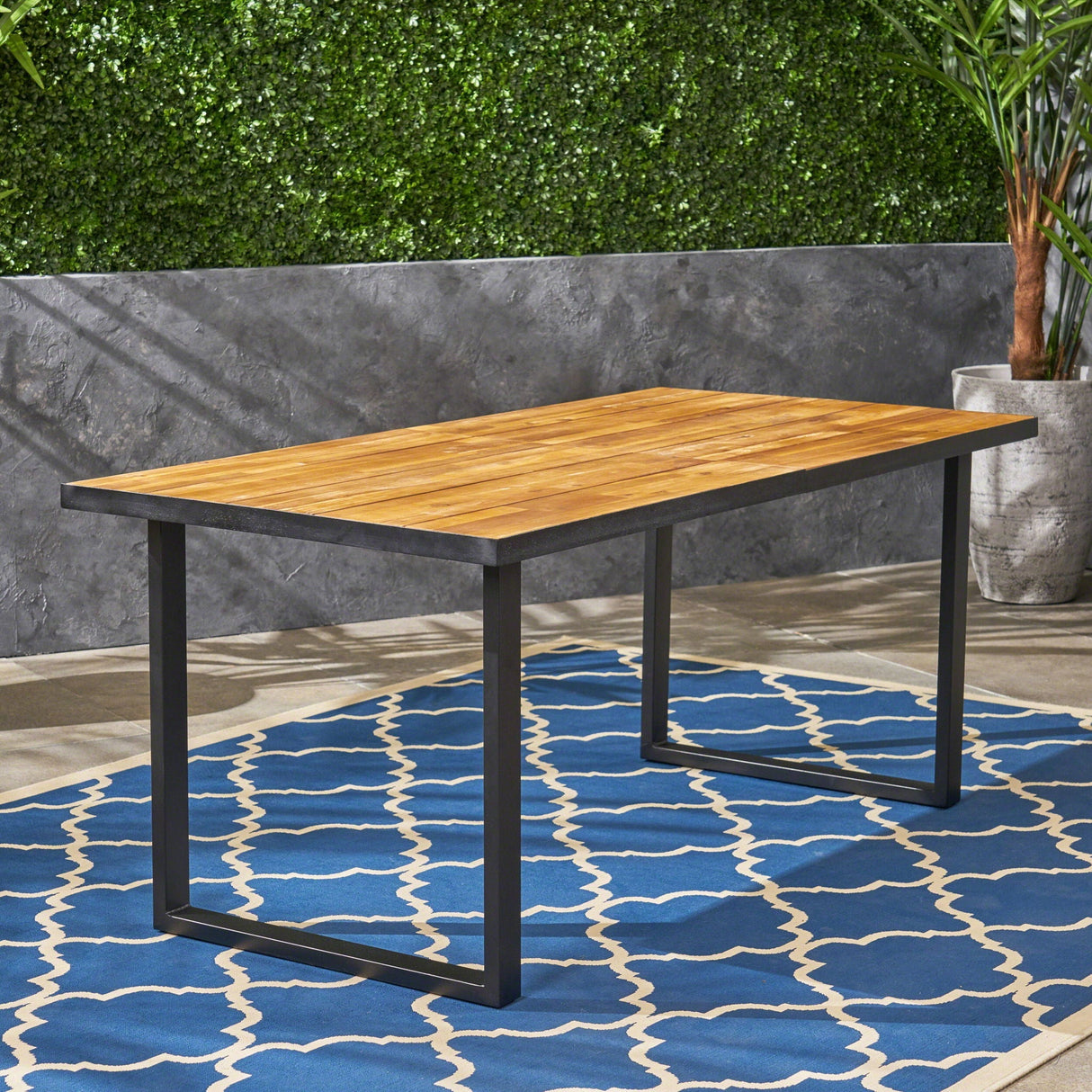 Outdoor Dining Table With U-Shape Legs And Slat Top - Teak