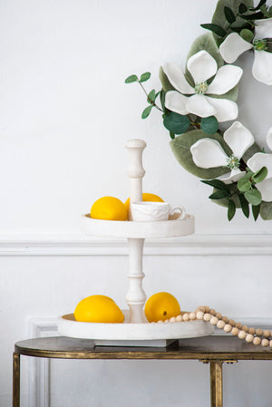 Two Tiered Round Wooden Tray - White
