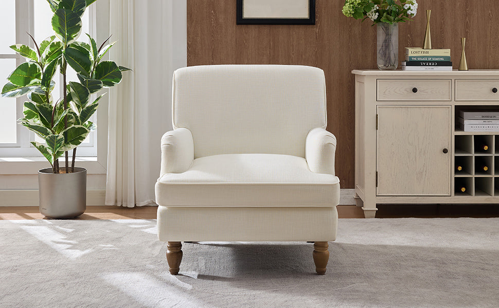 Vintage Upholstered Linen Fabric Armchair with Antique Solid Wood Legs