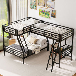 Twin Over Full Bunk Bed With Loft And Desk, L-Shaped Design For 3 Sleepers - Black