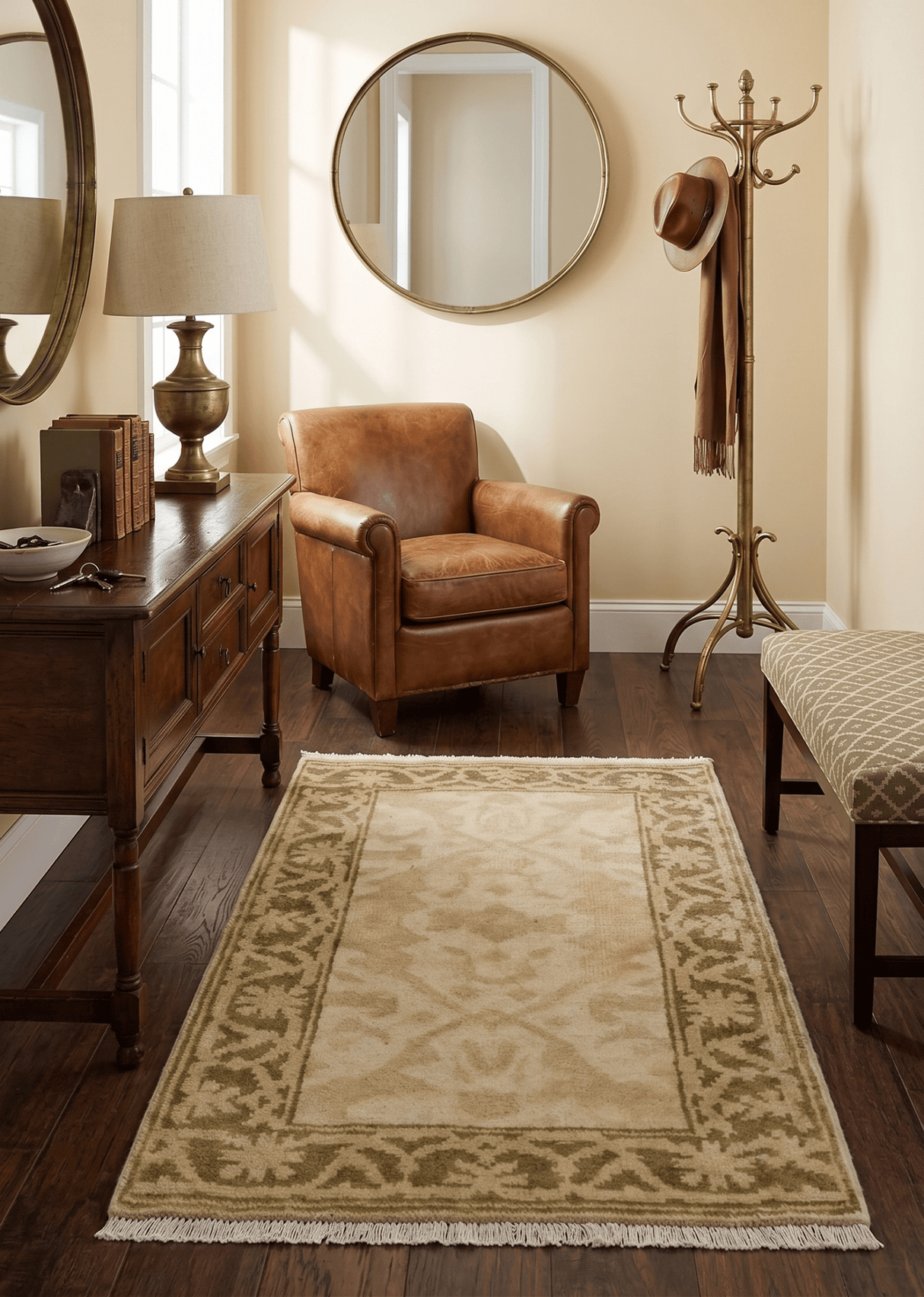 2x3 Hand Knotted Beige and Olive Traditional  Oushak Wool Rug