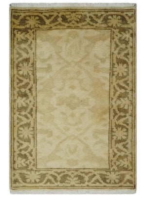 2x3 Hand Knotted Beige and Olive Traditional  Oushak Wool Rug
