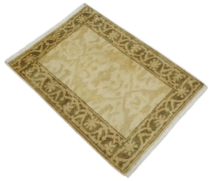 2x3 Hand Knotted Beige and Olive Traditional  Oushak Wool Rug